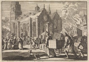 Mieszkańcy Spires w dobrej wierze przynoszą swoje meble do katedry, gdzie są następnie palone przez francuskiego generała Monclara, 1689 autorstwa Jan Luyken