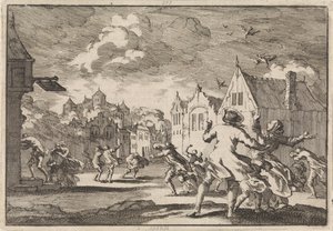 Mieszkańcy wsi w pobliżu zamku Luchow w Lüneburgu zostają porwani przez trąbę powietrzną, która powoduje, że ptaki spadają martwe z nieba, 1671 autorstwa Jan Luyken