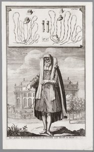Żyd ubrany do modlitwy. W tle portugalska synagoga w Amsterdamie autorstwa Jan Luyken