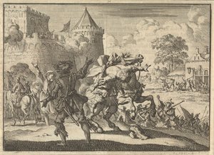 Wódz cesarski Dampier spada z konia po strzale z murów Presburga (Bratysława), 1620 autorstwa Jan Luyken