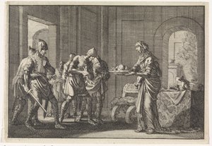 Matka pokazuje wojownikom szczątki jej zjedzonego dziecka podczas głodu w Jerozolimie 1704 r. autorstwa Jan Luyken