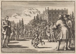 Na placu w Madrycie tłum zebrał się wokół Louisillo, krasnoluda króla Hiszpanii, 1675 autorstwa Jan Luyken