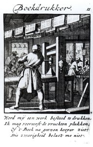 The Book Printer, z książki handlowej „Coś dla wszystkich” Abrahama van St. Clary, 1736 (rycina)