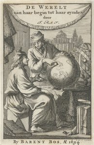 Dwóch mężczyzn studiuje kulę ziemską Strona tytułowa dla: J. Ray, Świat od jej początku do końca, 1694 autorstwa Jan Luyken