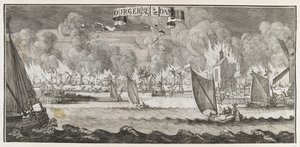 Widok wsi Durgerdam pod Amsterdamem podczas pożaru w 1687 r. (rycina) autorstwa Jan Luyken
