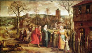 سپیڅلې کورنۍ د 16 پیړۍ پولي له هوټل څخه وتلې autorstwa Jan Massys or Metsys