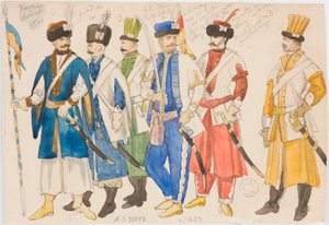 Studia kostiumowe - Szereg postaci męskich w strojach wojskowych autorstwa Jan Matejko