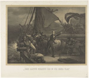 Jan van Speijk ma zamiar rzucić lont w ładowni, 1831 Jego ostatnią myślą był honor jego flagi (tytuł na przedmiocie) autorstwa Jan Mesker