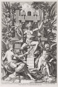 Bachus siedzący na beczce między Amorem a muzyką autorstwa Jan Sadeler I, after Joos van Winghe