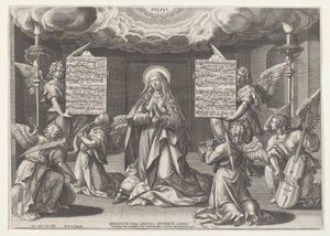 Magnificat: Dziewica otoczona przez anioły tworzące muzykę autorstwa Jan Sadeler I, after Maarten de Vos