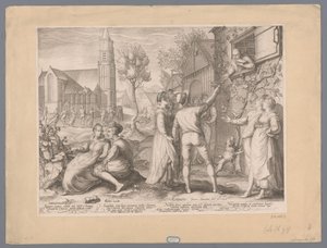 Jonge paren die poulet maken en dansen, 1596 Ogromny chleb stolich pod Mojżesza Choragi Mereriti Chorei, chleb stał się żałosny (...) (tytuł na obiekcie) autorstwa Jan Saenredam