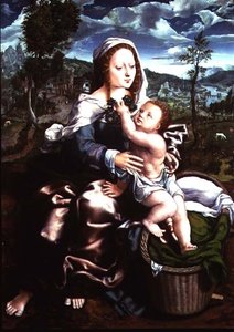 Madonna z dzieciątkiem siedząca w rozległym pejzażu