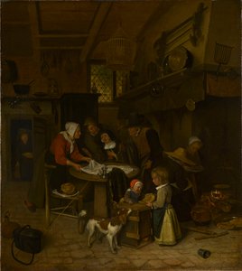 Scena w chłopskiej kuchni z sługą układającym ścierki autorstwa Jan Steen