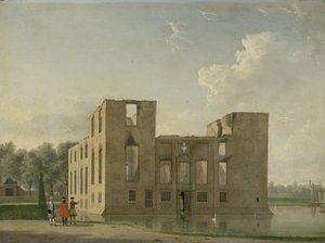 Widok z tyłu zamku Berckenrode w Heemstede po pożarze Zamek Berkenrode, Heemstede, po pożarze w dniach 4-5 maja 1747 r.: widok z tyłu autorstwa Jan Ten Compe