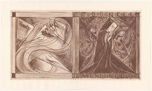 Pokrowiec na Twisty z zakonnicą z kwiatami i dwoma duchami, jeden z maską w ręku autorstwa Jan Toorop
