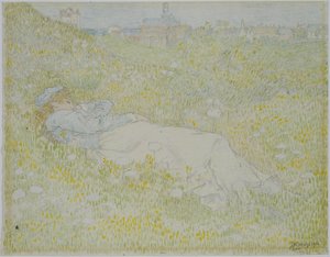 Kobieta leżąca na wydmach w pobliżu Noordwijk Dziewczyna leżąca na trawie z sylwetką Noordwijk w tle autorstwa Jan Toorop