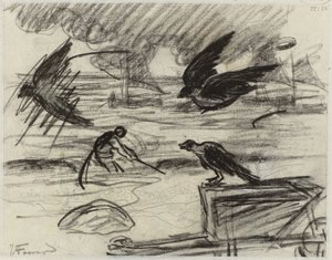 Pejzaż morski z rybakiem, na pierwszym planie taczka z ptakami autorstwa Jan Toorop
