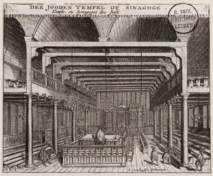 Wnętrze Synagogi Portugalskiej w Amsterdamie - Veenhuysen, Jan (czynny 1656-1685) - Miedzioryt - 11,2x13,7 - Leiden University Library autorstwa Jan Veenhuysen