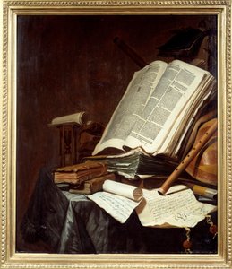Księgi i instrumenty muzyczne Malarstwo Jana Vermeulena (1638-1674) XVII w. Niedz. 0,78x0,69 m Nantes, musee des Beaux Arts autorstwa Jan Vermeulen
