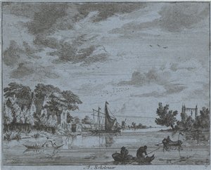Biznes na rzece Te, uczeń (tytuł na obiekcie) Krajobrazy obszaru Haarlem (tytuł serii) Gesigten poza Haarlem, gotowe. J.V.V. (tytuł serii na obiekcie)