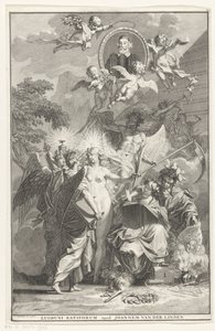 Alegoryczna karta tytułowa z portretem pisarza Edwarda Simsona Strona tytułowa za: Edward Simson, Chronicon historym catholicam complectens, 1729