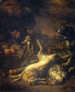 Małpa i pies z martwą zwierzyną i owocami autorstwa Jan Baptist Weenix