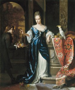 Portret Lodewiny Schey w niebieskiej sukience, z opiekunką niosącą kwiaty