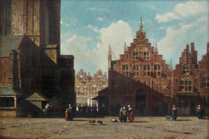 Słoneczny widok na Grote Markt z kościołem św. Bavo i Vleeshal w Haarlem (olej na desce)
