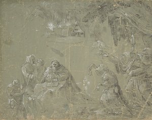 Kuszenie św. Antoniego prosto, Fantastyczny pejzaż verso, ca. 1520. autorstwa Jan Wellens de Cock.