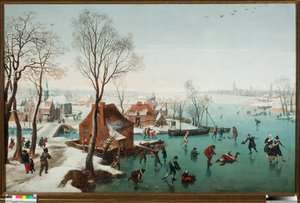 grudzień, łyżwiarze na jeziorze gele (grudzień, łyżwiarze na lodowym jeziorze) Obraz Jana Wildensa (1586-1653)