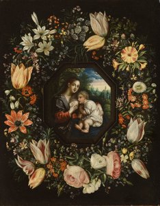 Madonna z Dzieciątkiem w wianku z kwiatów, ok. 1625 (olej na miedzi) autorstwa Jan and Balen, Hendrik van Brueghel