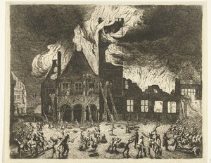 Pożar w Starym Ratuszu w Amsterdamie, 1652 Wizerunek dawnych Stadthuys spalonych do Amsterdamu 7 lipca 1652 r.