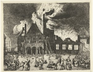 Pożar w Starym Ratuszu w Amsterdamie, 1652 Wizerunek dawnych Stadthuys spalonych do Amsterdamu 7 lipca 1652 r.