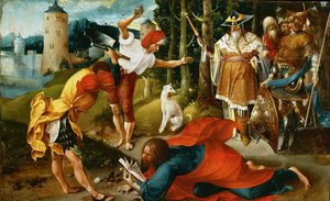 Le martyr de saint Mathias - Męczeństwo św. Macieja, autor De Beer, Jan (ok. 1475-1528). Olej na drewnie, ok. 1510-1515. Wymiar : 25,4x41,5 cm. Muzeum Historii Sztuki, Wiedeń