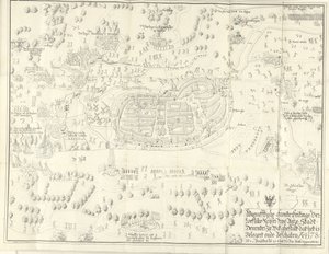 Oblężenie i zdobycie Deventer, 1578 Waerafftighe afconterfeitinge der loeflike Keyser free Anze Stadt Deventer W jakim ghestalt to Belgert onde Beschaten Ao. 1578 (tytuł na obiekcie) autorstwa Jan de Lange (II) (signed by artist)