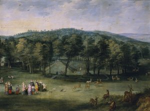 Infanta Isabella Clara Eugenia z Hiszpanii w Parc de Mariemont, pierwsza tercja XVII w. autorstwa Jan the Elder Brueghel