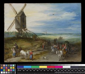 Pejzaż z młynem i wozami, ok. 1611 (olej na miedzi) autorstwa Jan the Elder Brueghel