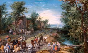 Scena drogi z podróżnikami i bydłem, ok. 1611 r. (olej na desce dębowej) autorstwa Jan the Elder Brueghel