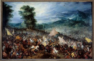 Bitwa pod Arbels (lub Issos) Aleksandra Wielkiego (356-323 pne) i jego armia podczas bitwy pod Issos, podczas której król macedoński pokonał Dariusza (Dariusza) III, ostatniego króla dynastii Rouenidów, w 333 pne. JC. Obraz Jana Breugla Le Vieux c autorstwa Jan the Elder Brueghel