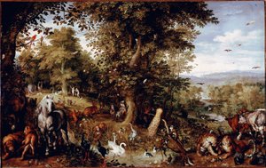 Raj wieczny Wszystkie zwierzęta stworzenia reprezentowane są parami. Obraz Jana Bruegla (lub Breugel lub Brueghel lub Breughel) dawny znany jako Bruegel de Velours (1568-1625) Rzym Galleria Doria Pamphilj autorstwa Jan the Elder Brueghel