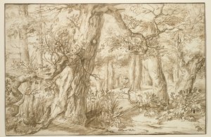 Wnętrze leśne z rysownikiem, ok. 1664 (brązowy tusz na antycznym papierze układanym) autorstwa Jan the Elder Lievens