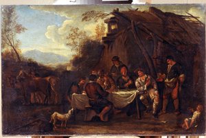 Wesołe spotkanie (Wesołe spotkanie). Obraz Jana Miela (1599-1664). Sztuka w stylu flamandzkiego baroku. Olej na płótnie. Regionalne Muzeum Sztuki im. I. Kramskoi, Woroneż (Woroneż, Rosja).