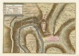 Plan wsi i zamku Trarbach, 1704 Plan de la Ville et: Chateau: de Traarbach (tytuł obiektu) autorstwa Jan van Call (II) (attributed to)