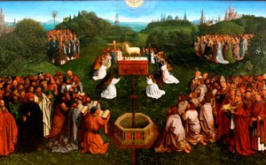 Adoracja Baranka z ołtarza gandawskiego autorstwa Jan van Eyck