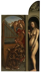 Grające anioły i Ewa autorstwa Jan van Eyck