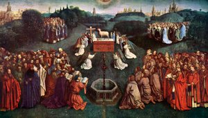 „Adoracja Mistycznego Baranka”, Ołtarz Gandawski, 1432, ok. 1900-1920. autorstwa Jan van Eyck