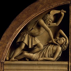Ołtarz Gandawski. Adoracja Mistycznego Baranka: Kain zabija Abla, 1432. autorstwa Jan van Eyck