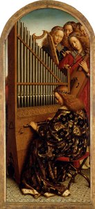 Ołtarz Gandawski. Adoracja Baranka Mistycznego: Aniołowie tworzący muzykę, 1432. autorstwa Jan van Eyck