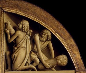 Ołtarz Gandawski. Adoracja Mistycznego Baranka: Ofiara Kaina i Abla, 1432. autorstwa Jan van Eyck
