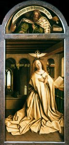 Ołtarz Gandawski. Adoracja Baranka Mistycznego: Zwiastowanie Dziewicy, 1432. autorstwa Jan van Eyck
